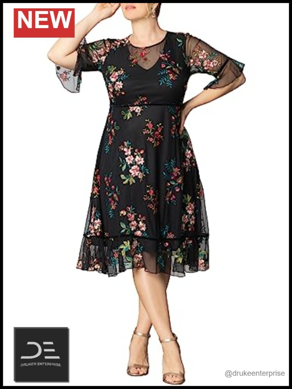 Plus Size Embroidered Mesh Midi Cocktail Dress Formal Party Wedding Guest